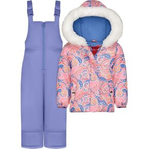 LONDON FOG Baby Girl's Hooded Puffer Winter Jacket, Periwinkle and Pink Paisley & Snowbib, PERI, 12MO