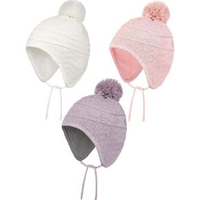 3 Pieces Kid Winter Beanie Hat Thick Fleece Lined Cap Warm Knit Hat with Earflap and Chin Straps for Girls Boys Baby (1-5 Years)