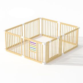 Baby Playpen with Gate, Wooden Playpen for Babies and Toddlers, Baby Play Yard with Colorful Acrylic Beads, Baby Fence Play Area with Suction Cups, Extra Large Play Pen Area Indoor(63 * 47 * 24Inch)