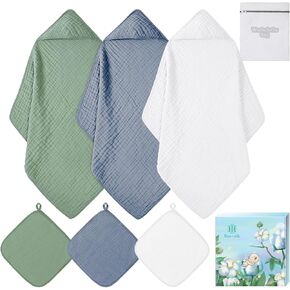 Baby Towels, 6 Pcs Baby Bath Towels & Washcloth Set for Baby Girl Boy Shower Gifts, Hooded Baby Towels for Baby Bath Towels Essentials, Baby Towels for Newborn, Muslin Cotton Hooded Baby Towels