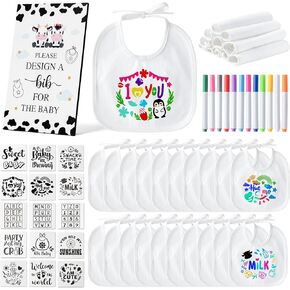 DIY Baby Bibs Decorating Kit Baby Shower Game White Baby Bibs Design Game Includes 22 Blank Bibs 15 Stencils 12 Fabric Markers 1 Baby Shower Game Sign for Boys Girls Gender Reveal Party (Cow)