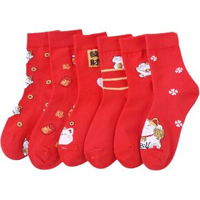 6 Pairs Chinese New Year of the Dragon 2024 Chinese Zodiac Socks, Chinese Natal Year Red Fortune Cat Cotton Sock Set