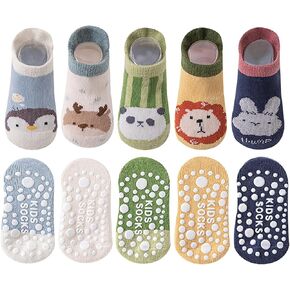 Baby Cartoon Animal Socks Adhesive Trampoline Anti Slip Socks,Cute Lion and Rabbit Ankle Socks,Pack of 5 Pairs