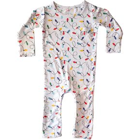 Christmas Bamboo Viscose Baby Romper - Soft, Breathable, Zipper Closure, Pocket Pacifier Clip - Newborn to 18 Months - Xmas Lights with Butt Ruffles