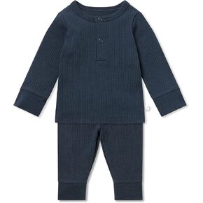 MORI Baby Unisex Pajama Set in Ribbed Navy - Front Popper Top and Elastic Waist Bottoms - Two Piece Sleepwear - 3-6 Months