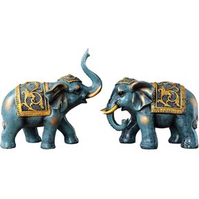 2PS Good Luck Elephant Statue Modern Style Figurines Home Office Desktop Decor Wealth Lucky Elephants Animals Sculpture Gift (Blue)