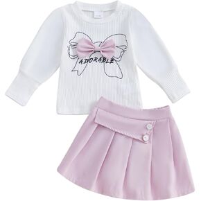 Toddler Baby Girl Winter Outfits Big Bowknot Sweaters Shirt+Ruffled Pink Uniform Skirts Dress Kids Fall Clothes Set