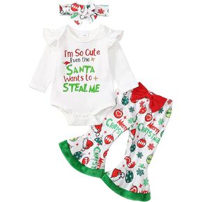 Baby Girl Christmas Outfit Letter Romper Santa Bell Bottoms Pants Set Winter Clothes