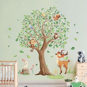 Tanlaby Jungle Animals Large Tree Wall Stickers Cartoon Animal Monkey Deer Wall Decals Peel and Stick Art Decor for Baby Nursery Kids Bedroom Playroom Toddler Room (H: 54 in)