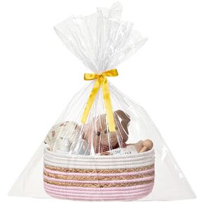 UBBCARE Small Woven Basket with Gift Bag and Ribbon, Cute Gift Basket Empty for Baby, Cotton Rope Storage Basket with Handles, Pink Shelf Basket for Nursery, 12"x 8" x 5"