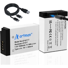 Artman Upgraded LP-E17 Battery 1500mAh 2-Pack with Type-C Direct Charging Port for Canon EOS R100 R50 R10 R8 RP, Rebel T8i T7i T6i T6s, SL2, SL3, EOS M3 M5 M6, 77D 200D 750D 760D 800D 8000D Cameras