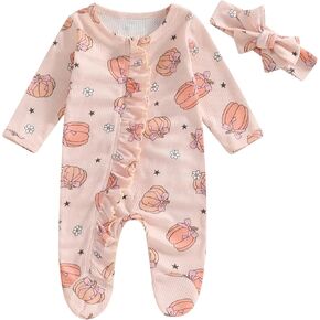 Rtnnsbbfcm Newborn Baby Girl Halloween Outfit Waffle Knit Long Sleeve Skull Candy Print Zip Up Footed Romper Fall Clothes