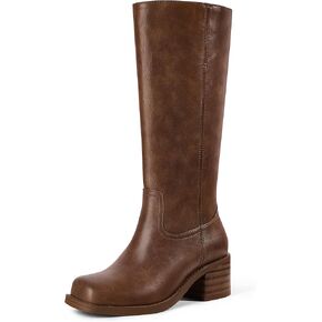 MUCCCUTE Knee High Boots for Women Campus Boots Square Toe Fall Tall Chunky Block Low Heel Long Boots Pull On