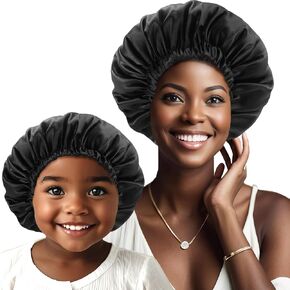 Satin Bonnet for Sleeping,Silk Sleep Cap,Adjustable Hair Bonnet for Women Girls and Kids,Double Layer Reversible Silk Sleep Bonnet Hair Wrap,Black 2Pcs