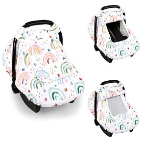 Car Seat Cover for Babies Winter, Baby Car Seat Cover with Breathable Mesh Peep Windows, WINGHENLEE Infant Car Seat Canopy Covers for Girls Boys, Soft Baby Carrier Stoller Cover, RainbowStar