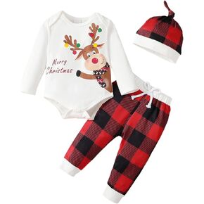 Baby Boy Christmas Outfits Long Sleeve Letter Print Romper and Pants 3 Piece Cute Clothes Set