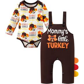 Infant Baby Boy Turkey Mommy's Little Turkey Bodysuit Romper Overalls Suspender Pants Set