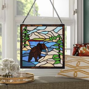 YOURANJU Stained Glass Window Hanging Handicraft 12" Tiffany Plant Style Milky White Flower Windows Suncatcher Square Glass Window Panel Perfect Window Hangings Housewarming Gift (With Chain Hook)