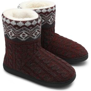 festooning Women's Warm Knitted Ankle Boots Anti-Skide Faux Fleece Bootie Slippers Comfy Winter Indoor House Shoes