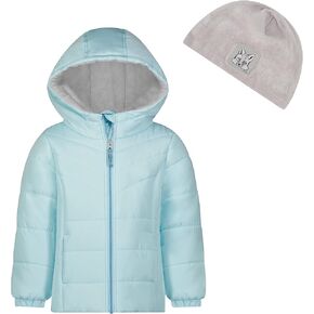 LONDON FOG Baby Girl's Hooded Puffer Winter Jacket & Matching Beanie, Aqua with Pink Fleece Lining