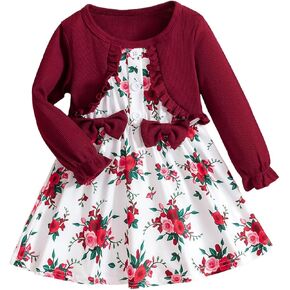 Baby Girls Dress and Cardigan Set False 2Pcs Long Ruffle Sleeve Floral Outfit Infant Bow Spring Dresses Baby Girls Wear