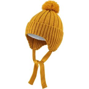 Connectyle Toddler Boys Beanie Hat with Ear Flaps Fleece Lined Winter Hat Kids Pompom Beanies Knit Watch Cap in Kuwait