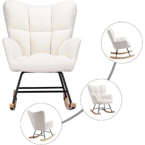 Nursery Rocking Chair Teddy, Bedroom Furniture Glider Chair Comfy Teddy Recliner with Wing Backrest Wide Armrest, Beige