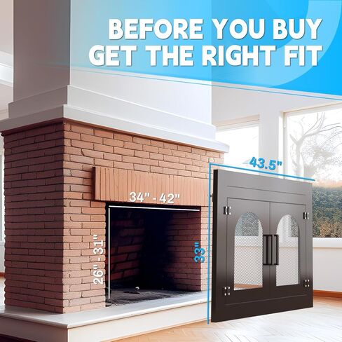 Fireplace Door 43.5x33'' Fire Place Screen with Glass Doors Mesh Fire Place Doors Fire Spark Guard Magnetic Doors Black Fits Masonry Fireplace Size 36in to 43in W x 25.7in to 32.5in H in Saudi Arabia