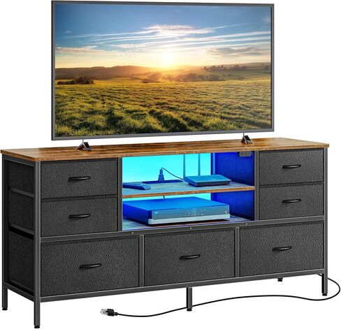 Huuger Dresser for Bedroom with Power Outlets and LED Lights, 7 Drawers TV Stand Dresser for 55 Inch TV, 47 Inches TV Console with Open Shelf, Wide Fabric Dresser, for Bedroom, Rustic Brown and Black in Saudi Arabia