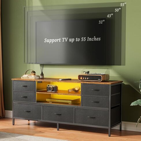 Huuger Dresser for Bedroom with Power Outlets and LED Lights, 7 Drawers TV Stand Dresser for 55 Inch TV, 47 Inches TV Console with Open Shelf, Wide Fabric Dresser, for Bedroom, Rustic Brown and Black in Saudi Arabia