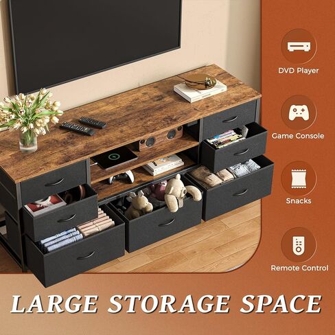Huuger Dresser for Bedroom with Power Outlets and LED Lights, 7 Drawers TV Stand Dresser for 55 Inch TV, 47 Inches TV Console with Open Shelf, Wide Fabric Dresser, for Bedroom, Rustic Brown and Black in Saudi Arabia