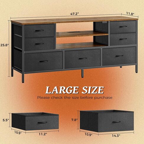 Huuger Dresser for Bedroom with Power Outlets and LED Lights, 7 Drawers TV Stand Dresser for 55 Inch TV, 47 Inches TV Console with Open Shelf, Wide Fabric Dresser, for Bedroom, Rustic Brown and Black in Saudi Arabia