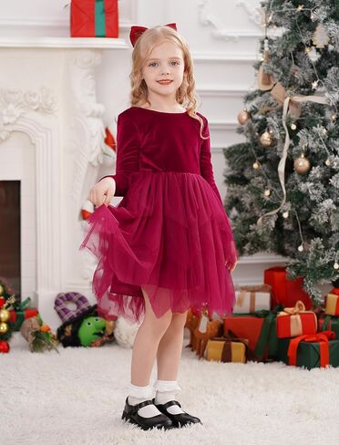 Baby Girls Long Sleeve Velvet Tulle Tutu Dress Fall Winter Flower Girl Dresses 1st Christmas Birthday Party Outfits in Kuwait