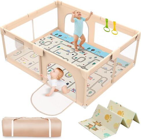 Playpen with Mat 71x59inch - Extra Large Baby Playpen for Babies and Toddlers - Indoor and Outdoor Baby Playpen with Soft Breathable Mesh Cover - Sturdy Foam Baby Gate Playpen (Apricot) in Saudi Arabia
