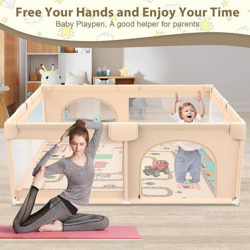 Playpen with Mat 71x59inch - Extra Large Baby Playpen for Babies and Toddlers - Indoor and Outdoor Baby Playpen with Soft Breathable Mesh Cover - Sturdy Foam Baby Gate Playpen (Apricot) in Saudi Arabia