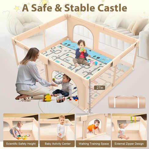 Playpen with Mat 71x59inch - Extra Large Baby Playpen for Babies and Toddlers - Indoor and Outdoor Baby Playpen with Soft Breathable Mesh Cover - Sturdy Foam Baby Gate Playpen (Apricot) in Saudi Arabia