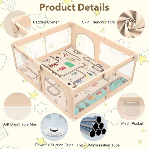 Playpen with Mat 71x59inch - Extra Large Baby Playpen for Babies and Toddlers - Indoor and Outdoor Baby Playpen with Soft Breathable Mesh Cover - Sturdy Foam Baby Gate Playpen (Apricot) in Saudi Arabia