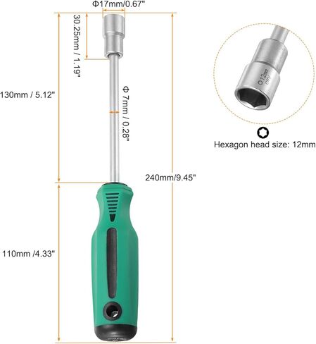 HARFINGTON Metric Nut Driver 12mm Dia 130mm Shank CR-V 6 Point Hex Hexagon Socket Wrench Screwdriver with Non-Slip Handle for Tightening and Loosening Fasteners in Kuwait
