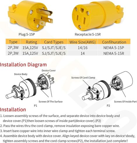 STARELO استبدال المكونات الكهربائية والموصل مجموعة تمديد الحبل ينتهي قذيفة صفراء 125V 15A 2Pole 3Wire NEMA 5-15P & 5-15R الصناعية الصف 3-الشق مستقيم نوع التأريض شفرة (1) in Saudi Arabia