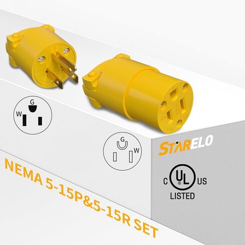 STARELO استبدال المكونات الكهربائية والموصل مجموعة تمديد الحبل ينتهي قذيفة صفراء 125V 15A 2Pole 3Wire NEMA 5-15P & 5-15R الصناعية الصف 3-الشق مستقيم نوع التأريض شفرة (1) in Saudi Arabia