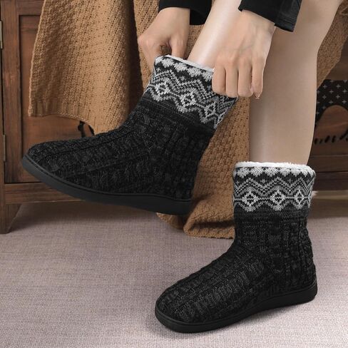 festooning Women's Warm Knitted Ankle Boots Anti-Skide Faux Fleece Bootie Slippers Comfy Winter Indoor House Shoes in Saudi Arabia