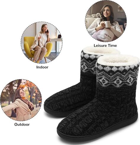 festooning Women's Warm Knitted Ankle Boots Anti-Skide Faux Fleece Bootie Slippers Comfy Winter Indoor House Shoes in Saudi Arabia