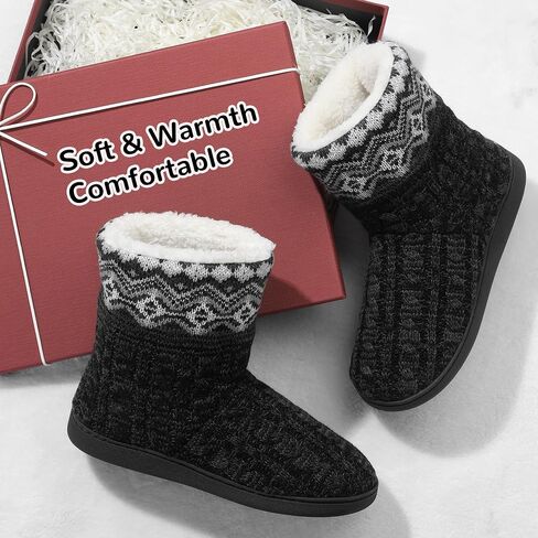 festooning Women's Warm Knitted Ankle Boots Anti-Skide Faux Fleece Bootie Slippers Comfy Winter Indoor House Shoes in Saudi Arabia