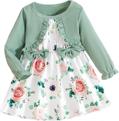 Baby Girls Dress and Cardigan Set False 2Pcs Long Ruffle Sleeve Floral Outfit Infant Bow Spring Dresses Baby Girls Wear in Saudi Arabia