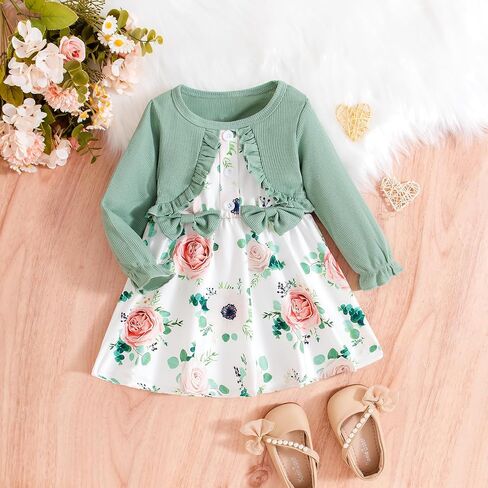 Baby Girls Dress and Cardigan Set False 2Pcs Long Ruffle Sleeve Floral Outfit Infant Bow Spring Dresses Baby Girls Wear in Saudi Arabia