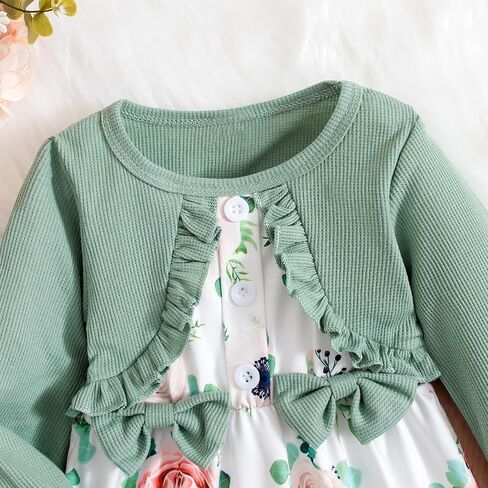Baby Girls Dress and Cardigan Set False 2Pcs Long Ruffle Sleeve Floral Outfit Infant Bow Spring Dresses Baby Girls Wear in Saudi Arabia
