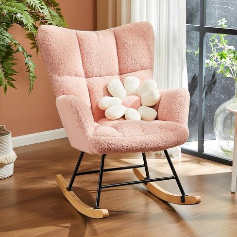 Nursery Rocking Chair Teddy, Bedroom Furniture Glider Chair Comfy Teddy Recliner with Wing Backrest Wide Armrest, Beige in Saudi Arabia