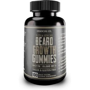 Extra Strong Beard Growth Vitamins Gummies | Biotin 10000 MCG | Promotes Facial Hair Growth for Men | Biotin Beard Grow Gummies | Strong & Thick Beard Growth Gummies for Men | Strawberry
