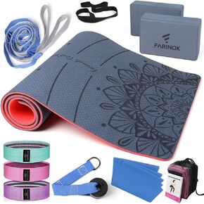 1/3 Yoga Mat Thick, Yoga Kit and Sets for Beginners Include High Density Yoga Mat with Multi-loops Yoga Strap, Yoga Blocks, Booty Resistance Band Set & Door Anchor