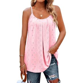 Poetsky Summer Tank Tops for Women Pleated Spaghetti Strap Camisole Loose Fit Casual Eyelet Sleeveless Shirts